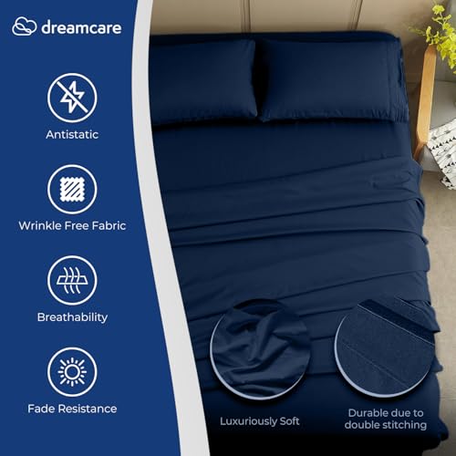 Image of DREAMCARE California King Sheet Sets - 4 pcs Breathable Cooling Sheets - up to 21 inch Extra Deep Cal King Sheets with Side Pockets - Extra Soft 100% Brushed Hypoallergenic Hotel Luxury Bedding -Navy Blue