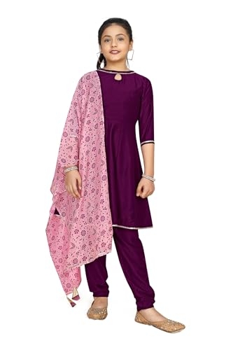 Image of Fashion Dream Girl's Chinnon Fabric Kurta Pant And Dupatta Set (Wine 5-6 Year)