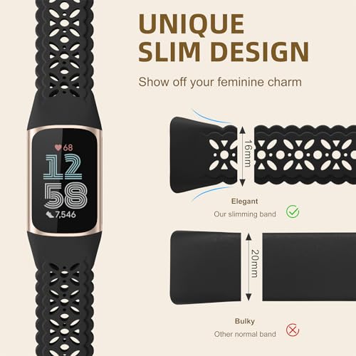 Maledan Floral Engraved Bands Compatible with Fitbit Charge 5 Band/Fitbit Charge 6 Band for Women, Charm Lace Silicone Soft Sport Watch Bands Bracelet Straps for Fitbit Charge 5/ Charge 6 Accessories