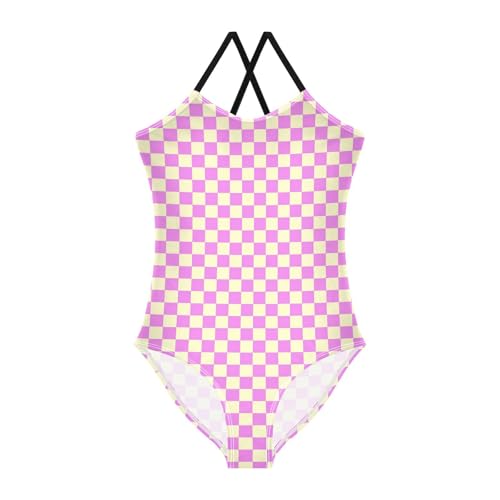 Image of Black and White Chess Girls One Piece Swimsuits Board Marble Tile Sport Halter Swimwear Beach Bathing Suit 3T