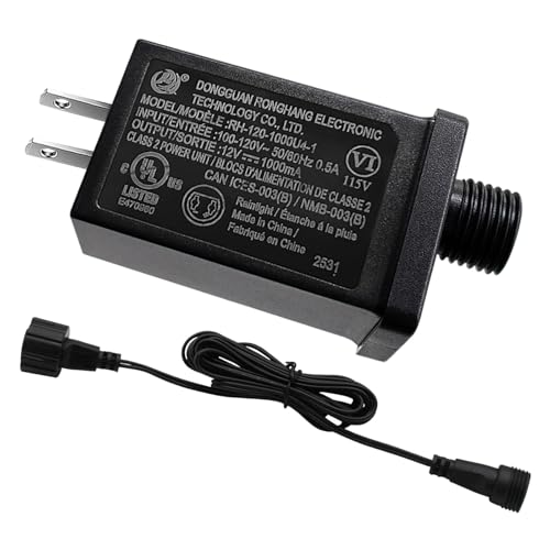 Image of 12V 12W Low Voltage Transformer with Extension Cord Class 2 Power Supply Replacement Yard Inflatable Adapter Model RH-120V1000U4-1 Waterproof Ip44 US Plug for Christmas String Light Decorations