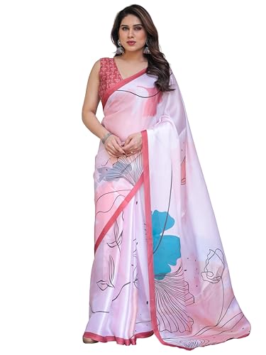 Image of ALMAARI FASHION Women's Floral Printed Georgette Satin Saree with Unstitched Blouse Piece | Traditional Ethnic Wear Sarees | Soft Lightweight Ethnic Office Wear Daily Wear Indian Sari (SG 181-190 F)