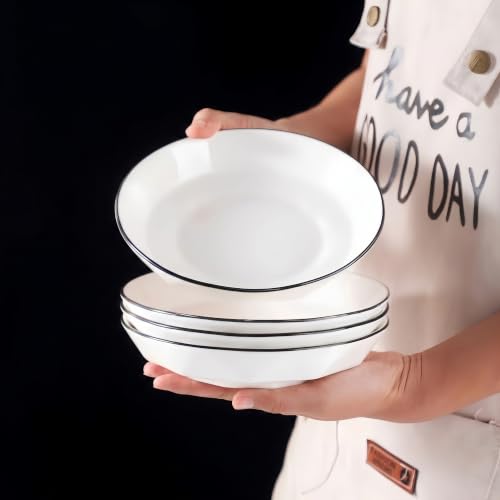 Image of Premium White Ceramic Pasta Dishes Set of 4, 7-Inch Large Shallow Salad Plates with Elegant Black Rim, Modern Geometric Faceted Design, Stackable, Microwave & Dishwasher Safe Dinnerware