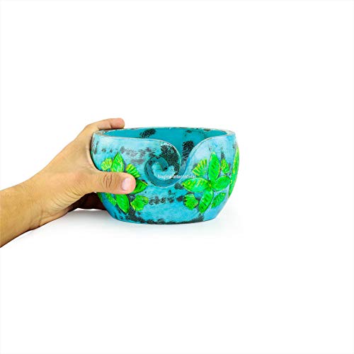 Antique Colored Handmade Premium Wooden Yarn Ball Storage Bowl With Yarn Dispensing Curl | Knitting Storage Accessories & Supplies | Nagina International (Small (6 X 3 X 6 Inches), Lemon Blue) #TOP5