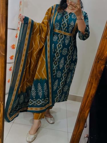 Image of ANNI Designer Women Kurta Set with Dupatta | Cotton Printed Straight Kurta Pant Dupatta Set | 3 Piece Kurti Set for Women | 3 /4 Sleeve Round Neck Cotton Suit for Daily Office Party Wedding