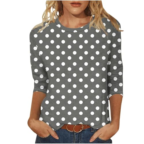 Womens Casual Tops Fashion Round Neck Printed Polka Dot 3/4 Length Sleeve Tee Shirt Plus Size Pullover Blouse Gray Women's Blouses & Button-Down Shirts M