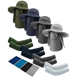 4 Sets Outdoor Sun Hat for Men Women Fishing Hats with Face Cover Neck Flap and Arm Sleeves Sun Protection Wide Brim Fishing Hat with Cooling Towels for Hiking Garden