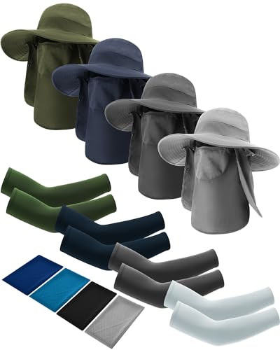 4-Sets-Outdoor-Sun-Hat-for-Men-Women-Fishing-Hats-with-Face-Cover-Neck-Flap-and-Arm-Sleeves-Sun-Protection-Wide-Brim-Fishing-Hat-with-Cooling-Towels-for-Hiking-Garden