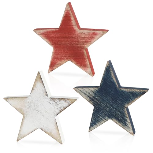 Sereliy 3 Pcs 4th of July Wooden Star Signs Rustic Memorial Day Tiered Tray Decor American Patriotic Table Decoration for Home Kitchen (Classic)