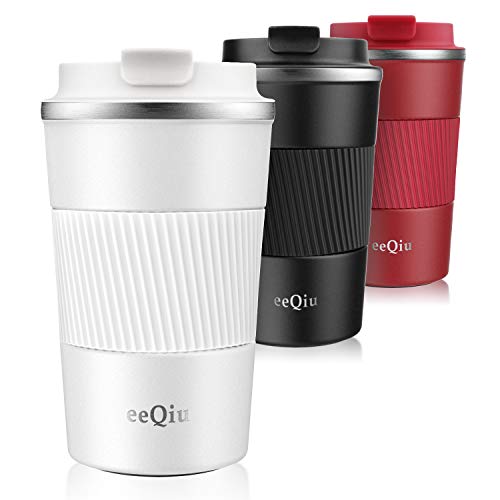 eeQiu Taza de Viaje Taza de caf� aislada 13 oz 100% Taza de Acero Inoxidable a Prueba de Fugas para caf� Caliente y fr�o, Leche y t� (Blanco)