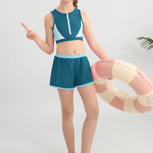 Girls Swimsuit Color Block Zipper Front 2 Piece Bathing Suit with Liner Bodyshort Sporty Girls' Swimwear 9-16T3