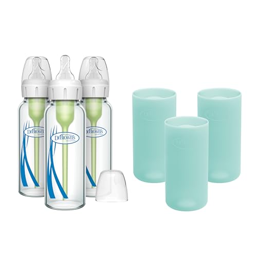 Image of Dr. Brown's Anti-Colic Options+ Narrow Glass Baby Bottles 8 oz/250 mL, with Level 1 Slow Flow Nipple, 3 Pack 0m+ with Mint 100% Silicone Sleeves, BPA-Free