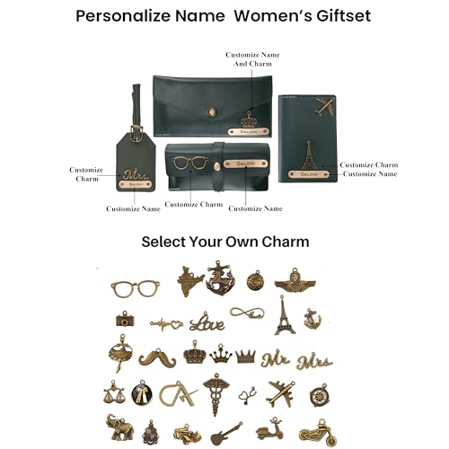 Image of AICA Personalised Name & Charm Womens Leather Combo Gift Set (DarkGreen) | Gifts for Women| Customised Gift Hamper for Woman