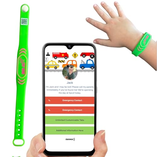 Adjustable Kids ID Bracelet – NFC Smart Safety Band with “Tap Here” Logo, Child ID Wristband for Nonverbal Kids & Medical Info, Waterproof Silicone, Not GPS, No Subscription