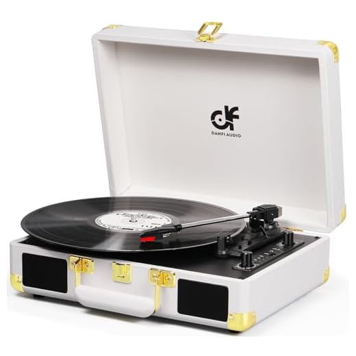 Record Player with Built-in 2 Speakers Vintage 3-Speed Portable Bluetooth Suitcase Vinyl Record Player with USB Recording MP3 Converter RCA/AUX/Headphone Out White & Gold