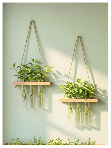 Image of Hanging Planter Set of 2 with Wooden Holder & Rope | 6 Test Tube Hanging Planter For Indoor | Wooden Planter for Home Decor, Living Room, Balcony & Office Decoration