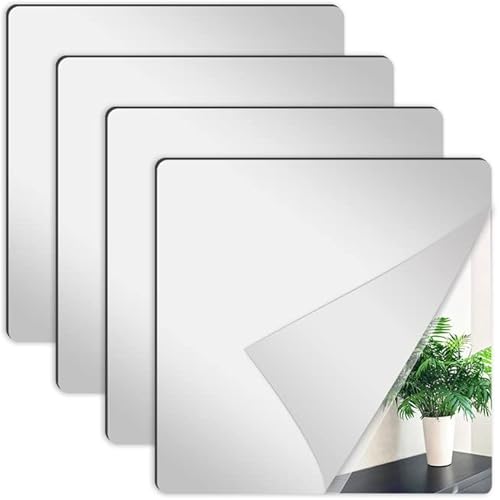 4 Pack Wall Mirror Tiles, 8 x 8 Inch Self Adhesive Acrylic Square Mirror, Flexible Mirror Sheets Wall Stickers Frameless Small Mirrors Set for Bathroom Home Gym