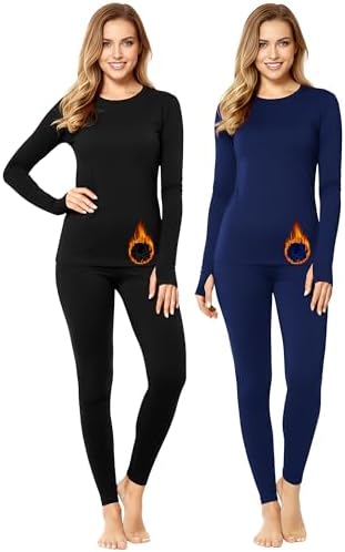 Patelai 2 Pack Womens Thermal Underwear Fleece Lined Base Layer Set Long Sleeves Cold Weather Top Bottom Winter Pajama Set (Black/Navy Blue, X-Large)