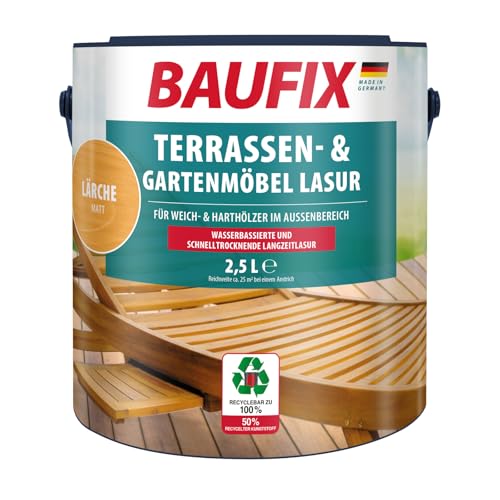 BAUFIX Terrassen- & Gartenmöbel-Lasur lärche, matt, 2.5 Liter, Holzöl, Terrassen Öl für Weichholz & Hartholz, auch für Holzterrassen, lange haltbar