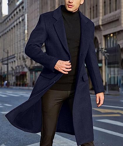 Image of Men's Casual Trench Coat Slim Fit Notched Collar Long Jacket Overcoat Single Breasted Pea Coat wih Pockets