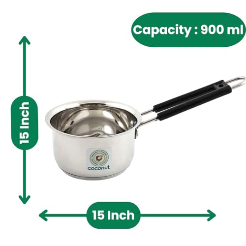 Image of Coconut Stainless Steel - Mirror Finish Sauce Pan, Tea Pan, Milk Pan Heavy Guage | Induction and Gas Stove Friendly | Rust-Resistant Cookware | Pack of 1 | 900 ml