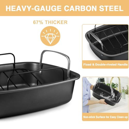 image for EWFEN Nonstick Turkey Roasting Pan with Rack - 17×13 Inch Extra Large