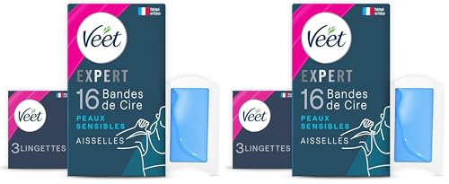 Veet EXPERT - 16 Bandes de Cire Froide Aisselles - Peaux Sensibles - Epilation Longue Durée (Lot de 2)
