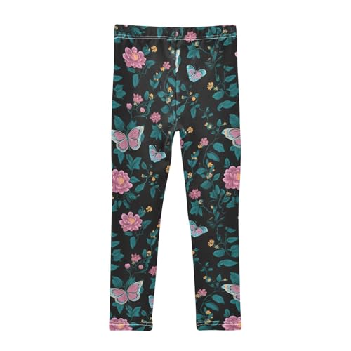 Pink Flower Butterfly Girls Leggings Ultra Soft Compression Yoga Gym Pants for Kids 4-10T2