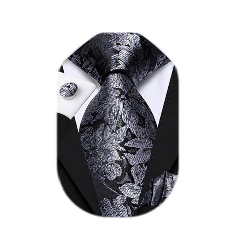 Dubulle Mens Paisley Black Grey Floral Silk Tie for Men Striped Necktie and Pocket Square Cufflinks Set Wedding Business