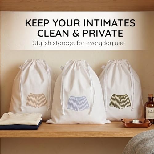 Image of Lingerie Drawstring Bags Set of 3, 15x15 inch, 100% Pure Cotton, Blue Embroidery Pattern Pouch for Underwear, Swimwear, Travel Storage, Washable Beach Bags for Men (White)
