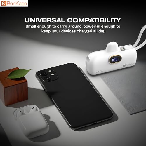 Image of BonKaso 5000mAh Mini Power Bank 22.5W PD Fast Charging, USB-C Type-C Input /Output, Built-in i5 Cable, Digital LED Display, Compact Pocket Portable Charger for iPhone & Android - White