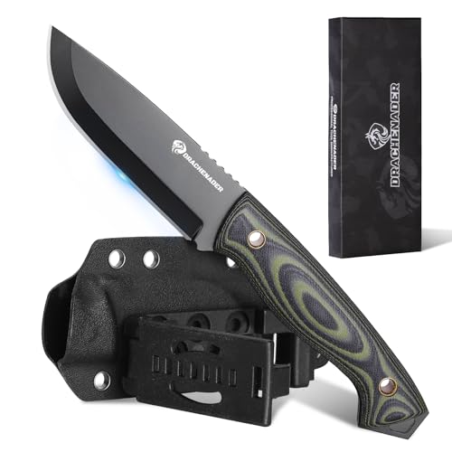 DRACHENADER Cuchillo de Supervivencia AQUILA-X, hoja 10,7 cm, Full Tang, acero inoxidable D2, con funda Kydex para cinturón, hoja negra y mango G10 verde