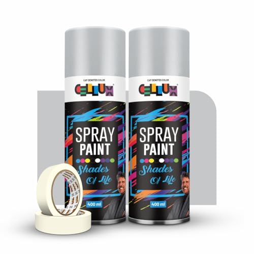 Image of Cellux 2X Ultra Cover Silver Spray Paint | DIY, Quick Drying with Premium Gloss Finish for Metal, Wood, Wall & Other Surfaces - 400 ML - Pack of 2 with 2 Masking Tape Rolls