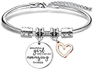 Women Girls Gift, Beautiful Girl You Can Do Amazing Things Pendant Bracelet Inspirational Charm Bracelet for Families Friends