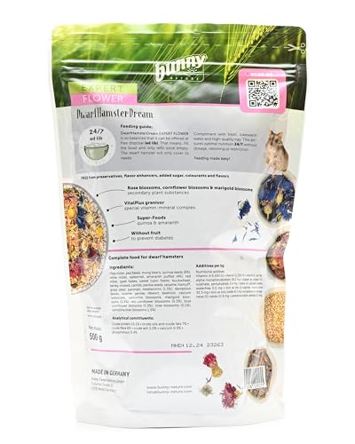 bunnyNature ZwerghamsterTraum Expert Flower - Alleinfuttermittel für Zwerghamster - Futter Mix mit Vitaminen, Blüten, Superfood & Mehlwürmern - 500g