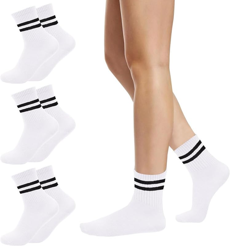 Yanwenx 3 Pairs Cotton Two Stripes Solid Color Casual Running Socks for Women Girls_White