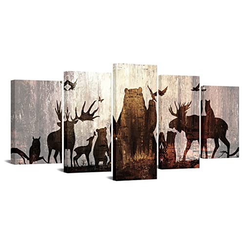 Sechars 5 Piece Vintage Animal Wall Art Canvas Abstract Forest Deer Bear Picture Art Prints Rustic Brown Farmhouse Painting For Home Cabin Wall Decoration Gallery Wrapp Ready To Hang #TOP24