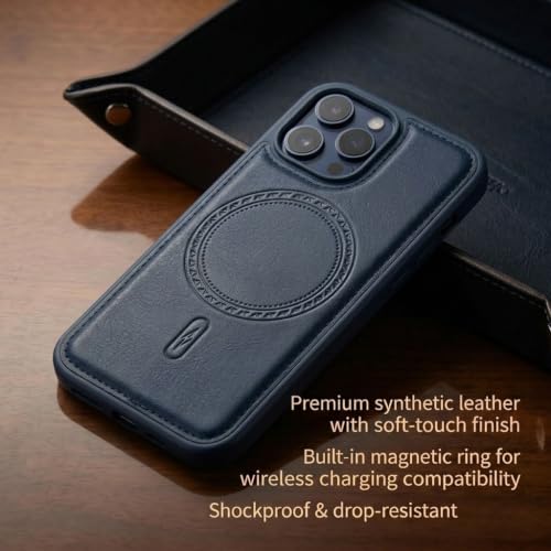 Image of amazon basics Premium PU Leather Case for iPhone 15 Pro, MagSafe Compatible Magnetic Ring, Sleek Protective Back Cover - [Blue]