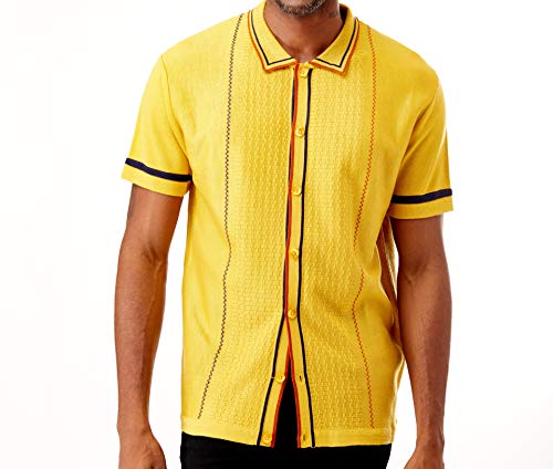 Men’s Short Sleeve Knit Sports Shirt - Modern Polo Vintage Classics: Multi Stripes (Xl, Mustard) #TOP25