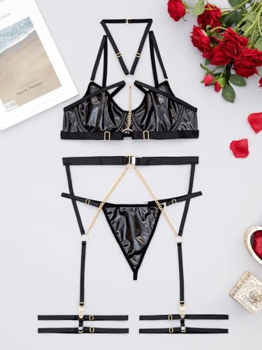Image of Lilosy Sexy Pu Leather Strappy Underwire Garter Belt Lingerie Set