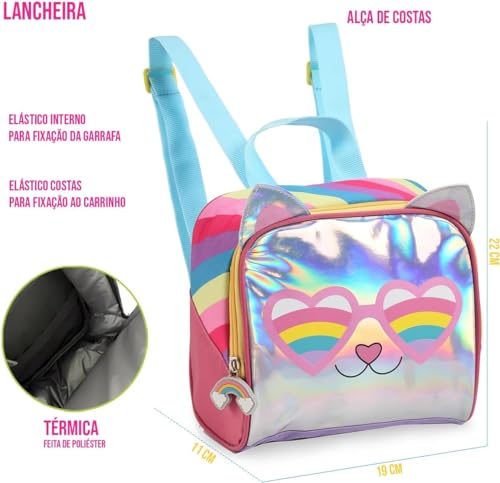Kit Mochila com Rodinhas Infantil Escolar Menina Gatinha Arco Iris 3 Peças Acompanha Lancheira e Por