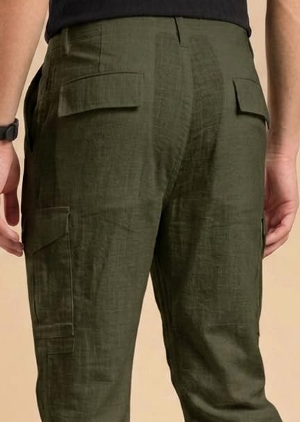 Image of Vogaan Men Cotton Linen Blend Cargo Pants | Mid Rise Regular Fit Casual Trousers | Multi Pocket Utility Bottom Wear | Comfortable Breathable Fabric Travel Outdoor Styling