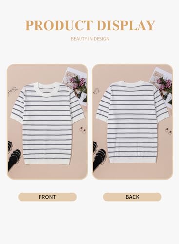 Image of Eytino Women Plus Size Sweater Tops Short Sleeve Crewneck Striped Tshirts Casual Summer Blouses Shirts(1X-5X)