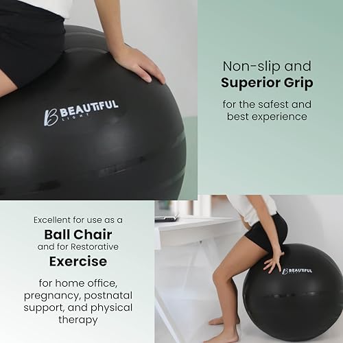 Beautiful Light Yoga Ball, Extra Thick, Durable, Anti-Slip, Matte Texture, for Yoga, Pilates, Physical Therapy, Crossfit, Weightlifting, Birthing Ball, Yoga Ball Chair for Back and Posture Support.