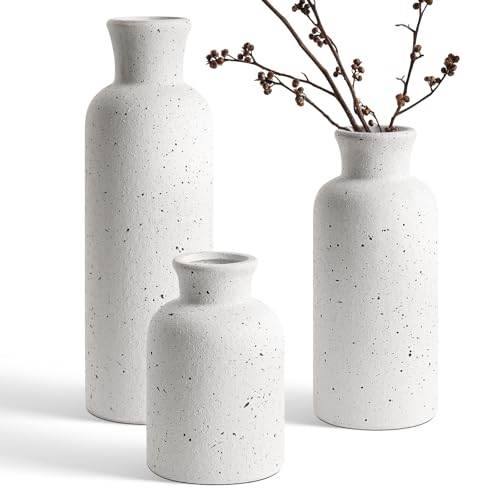 LE TAUCI Ceramic Vase Set of 3, Matte Flower Vases for Fresh or Dried Flowers, Modern Farmhouse Home Decor for Coffee Table, Mantel, Shelf, Entryway, Speckled White