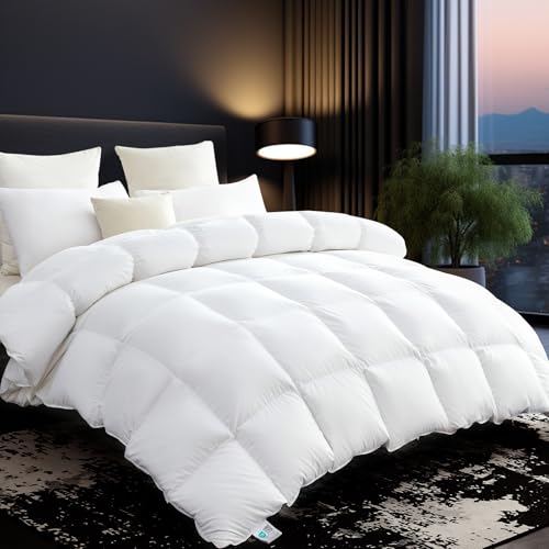 L LOVSOUL 75% Goose Down Fiber Comforter Alaskan King Size, 850+ Fill Power Hotel Style Bedding Comforter, 1200TC, Fluffy Ultra Soft All Season White Duvet Insert with 8 Corner Tabs