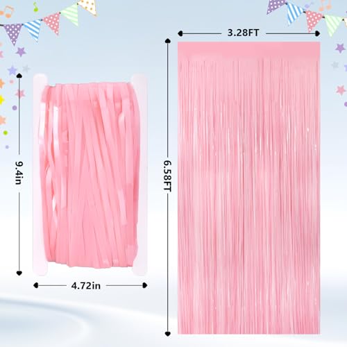 Image of 2Pack Pastel Pink Metallic Tinsel Foil Fringe Curtains, Pink Backdrop, Door Streamers Photo Booth Backdrop for Birthday Party, Tinsel Curtain Backdrop for Shower Bachelorette Xmas Party Decorations