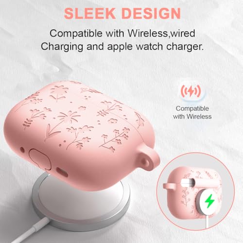 Image of ZORBES Compatible with AirPods Pro 3 Silicone Case, Pink Floral, Carabiner | Anti-Slip Grip, Anti-Scratch Protection, Silicone Shell, Carabiner Clip, Cleaning Tool, Charging Access