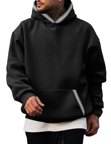 JMIERR Mens Fashion Essentials Hoodies Plain Fall Autumn Oversized Ribbon Loose Fit Shrits 2025 Hooded Pullovers with Pockets, M, Black