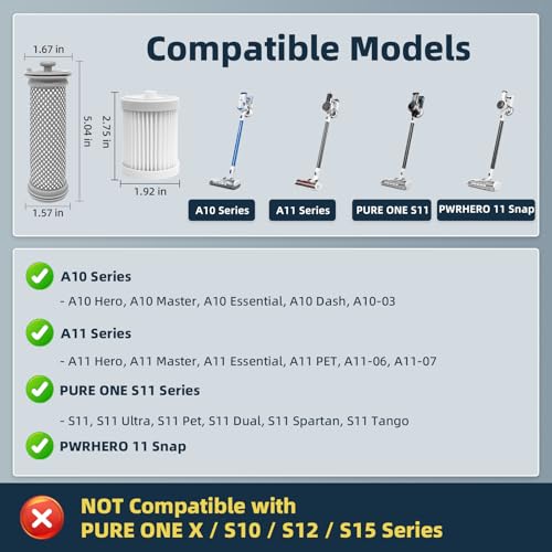 Image of 4-Pack Replacement Filter Kit Compatible with Tineco A10 / A11 Series, PURE ONE S11 & PWRHERO 11 Snap Cordless Vacuums, 2 Pre-Filters & 2 Post-Filters